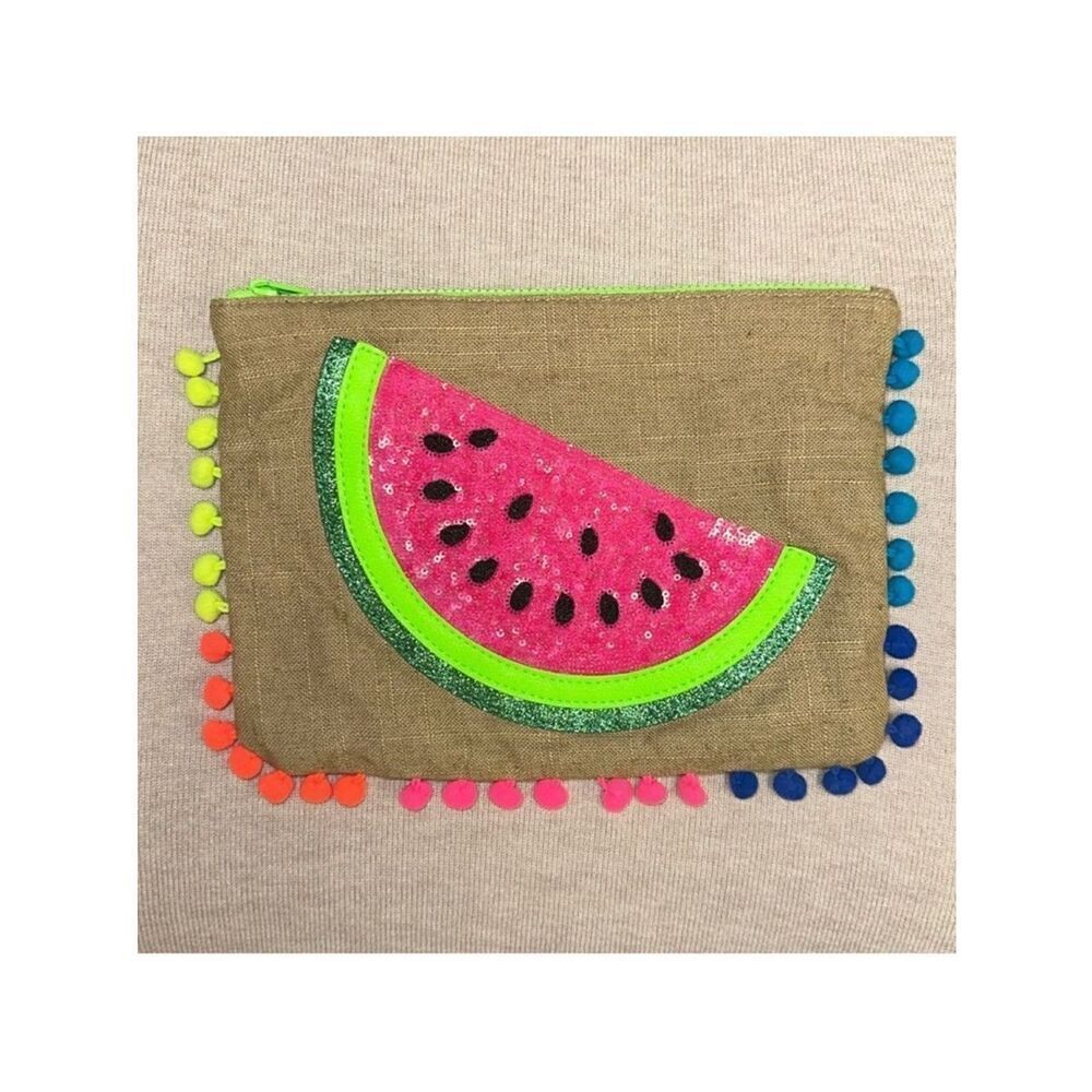 EXPRESS Linen Cotton Bright Neon Watermelon Sequined Tasseled Zip Clutch